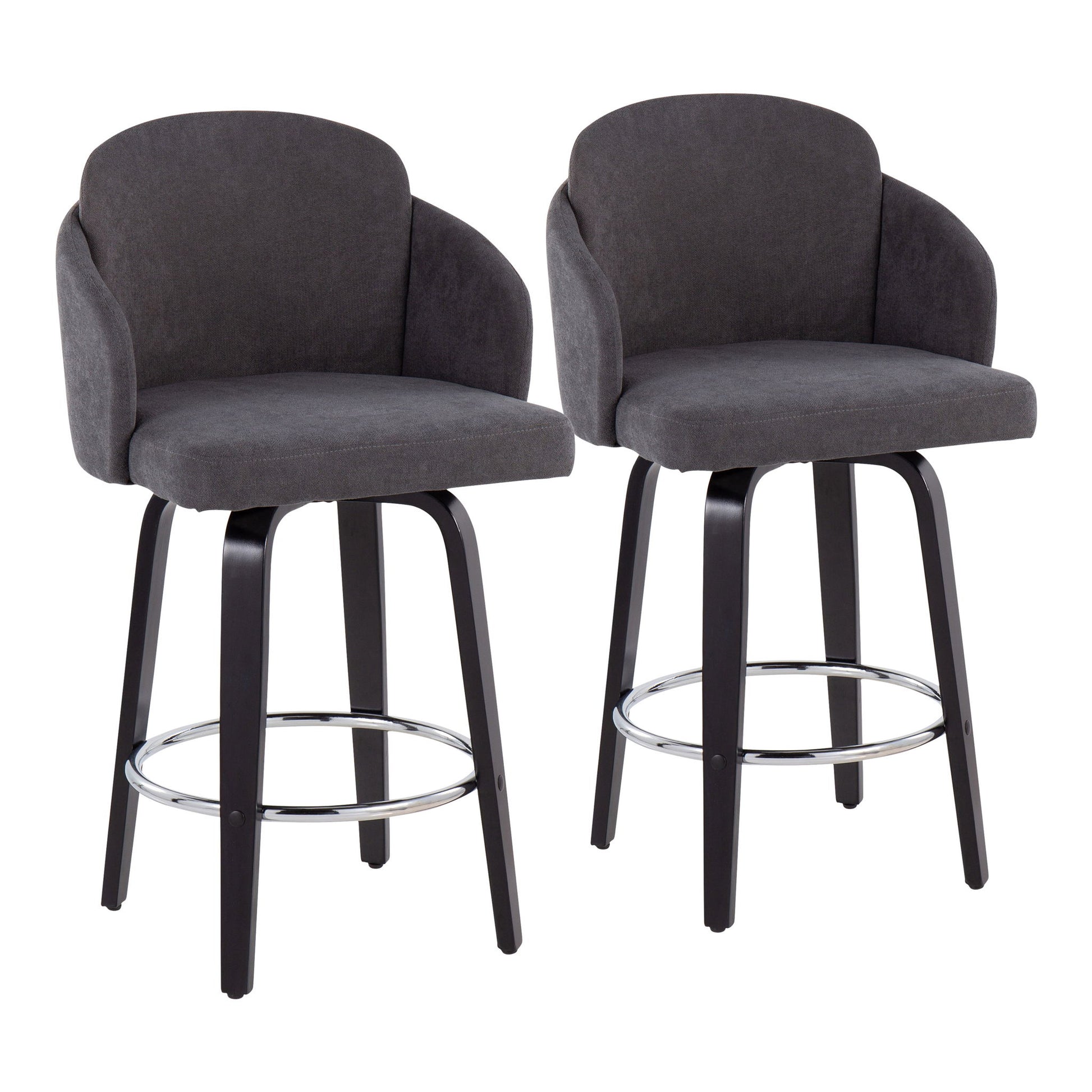 Set of 2 Dahlia Contemporary Counter Stools featuring dark gray cushioned seats, curved backs, black wooden legs, and chrome round footrests for a modern, comfortable touch.