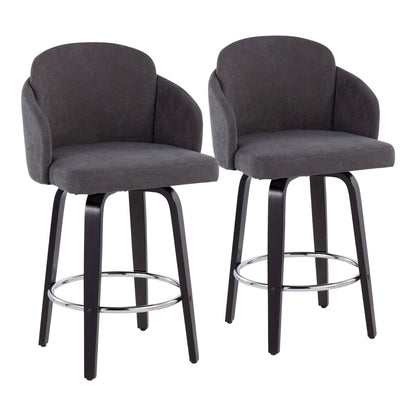 Set of 2 Dahlia Contemporary Counter Stools featuring dark gray cushioned seats, curved backs, black wooden legs, and chrome round footrests for a modern, comfortable touch.