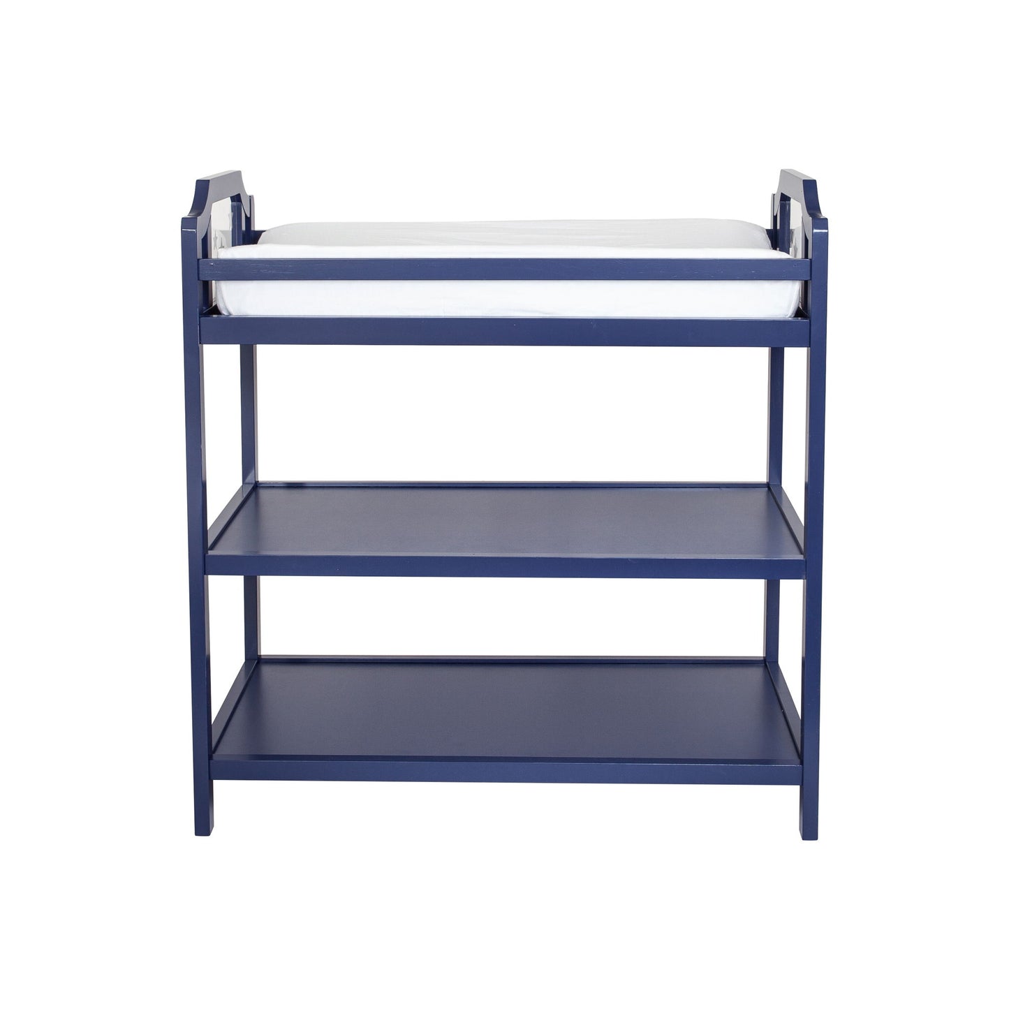 The Celeste Changing Table features navy blue wood, a white changing pad on top, and two open shelves below, shown from the front against a white background.