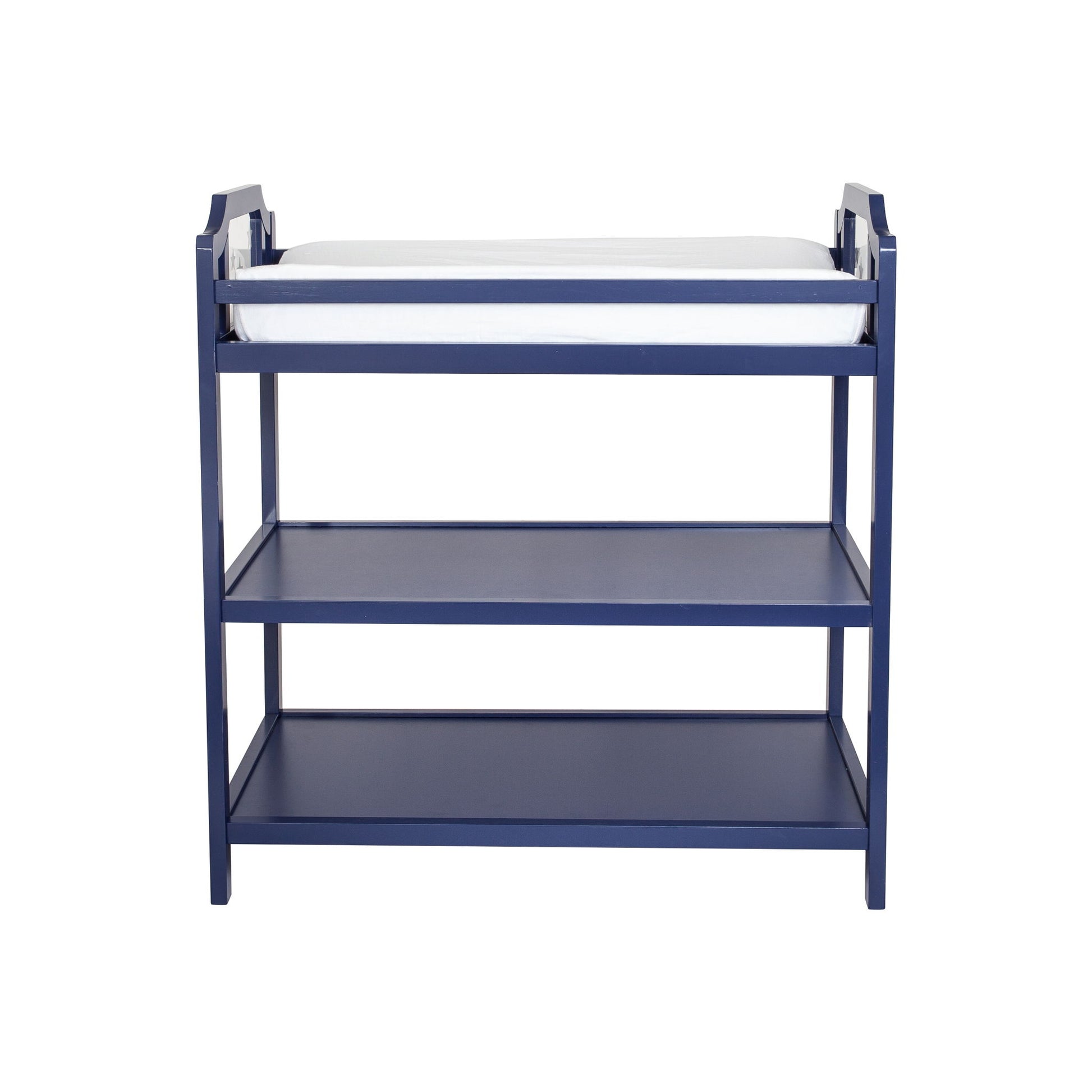 The Celeste Changing Table features navy blue wood, a white changing pad on top, and two open shelves below, shown from the front against a white background.