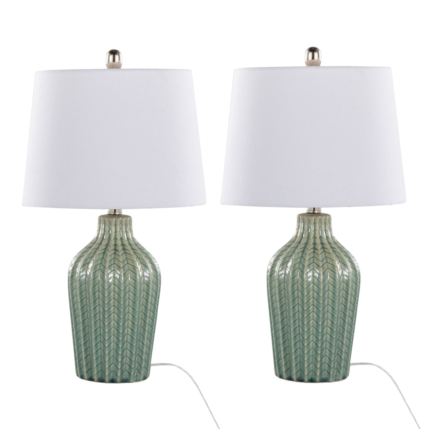 The Rockwell Contemporary Table Lamp set includes two lamps with textured green ceramic herringbone bases and white fabric drum shades, each featuring a visible white power cord at the bottom.