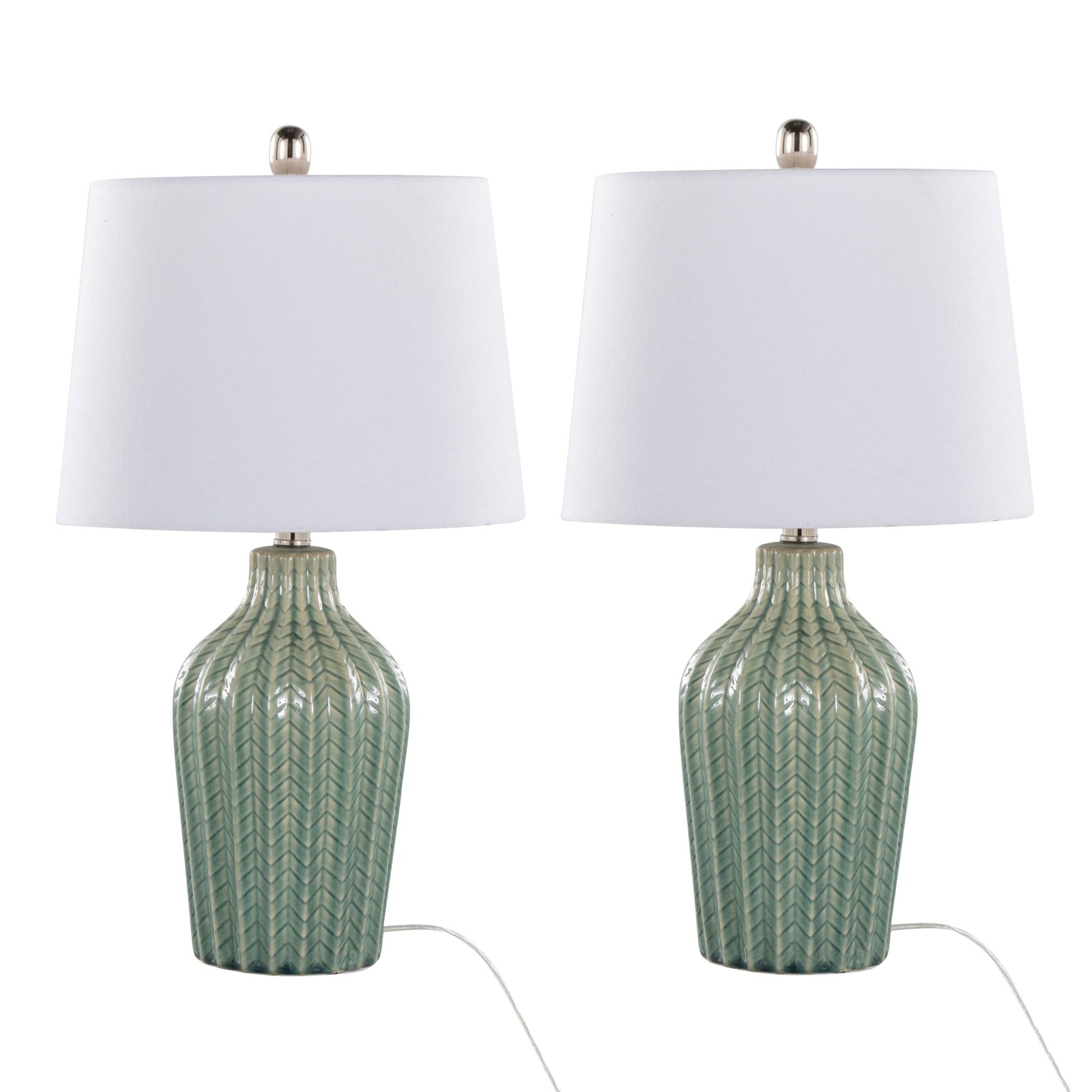 The Rockwell Contemporary Table Lamp set includes two lamps with textured green ceramic herringbone bases and white fabric drum shades, each featuring a visible white power cord at the bottom.