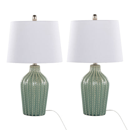 The Rockwell Contemporary Table Lamp set includes two lamps with textured green ceramic herringbone bases and white fabric drum shades, each featuring a visible white power cord at the bottom.