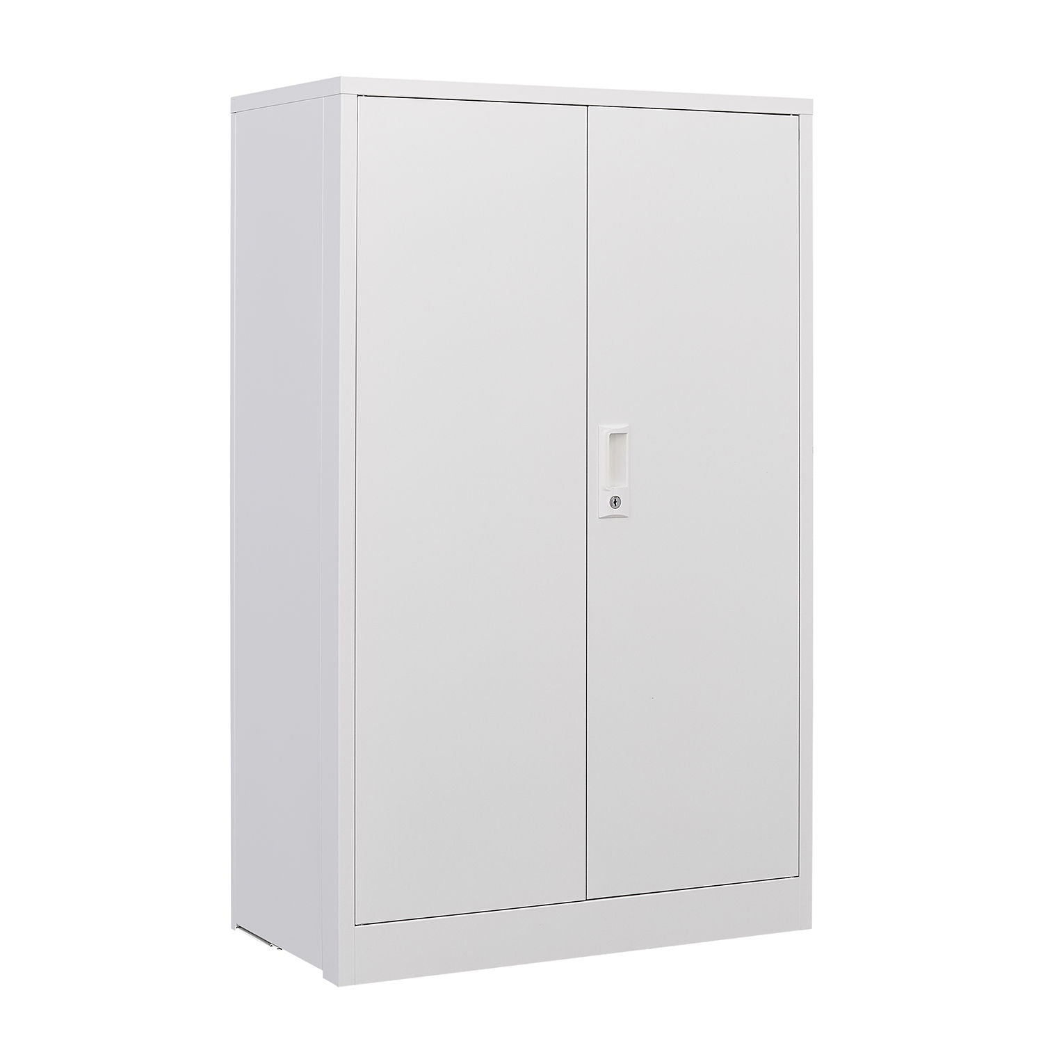The Metal Storage Cabinet With Locking Doors and Adjustable Shelf is a light gray, metal folding locker with a built-in handle and lock, ideal for home office, school, or garage storage.