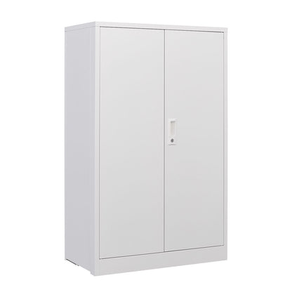 The Metal Storage Cabinet With Locking Doors and Adjustable Shelf is a light gray, metal folding locker with a built-in handle and lock, ideal for home office, school, or garage storage.