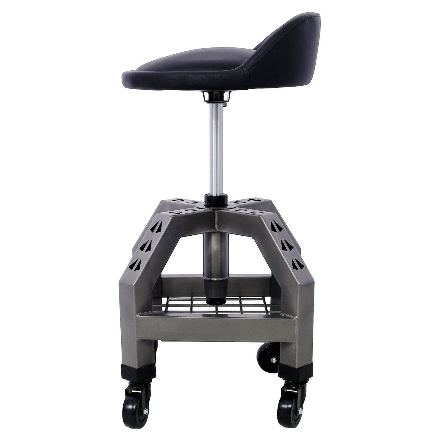 The Pneumatic 360 Degree Swivel Stool is a black, backless rolling seat with a padded cushion, metal frame, grid shelf, and four caster wheels–shown from the side against a white background.