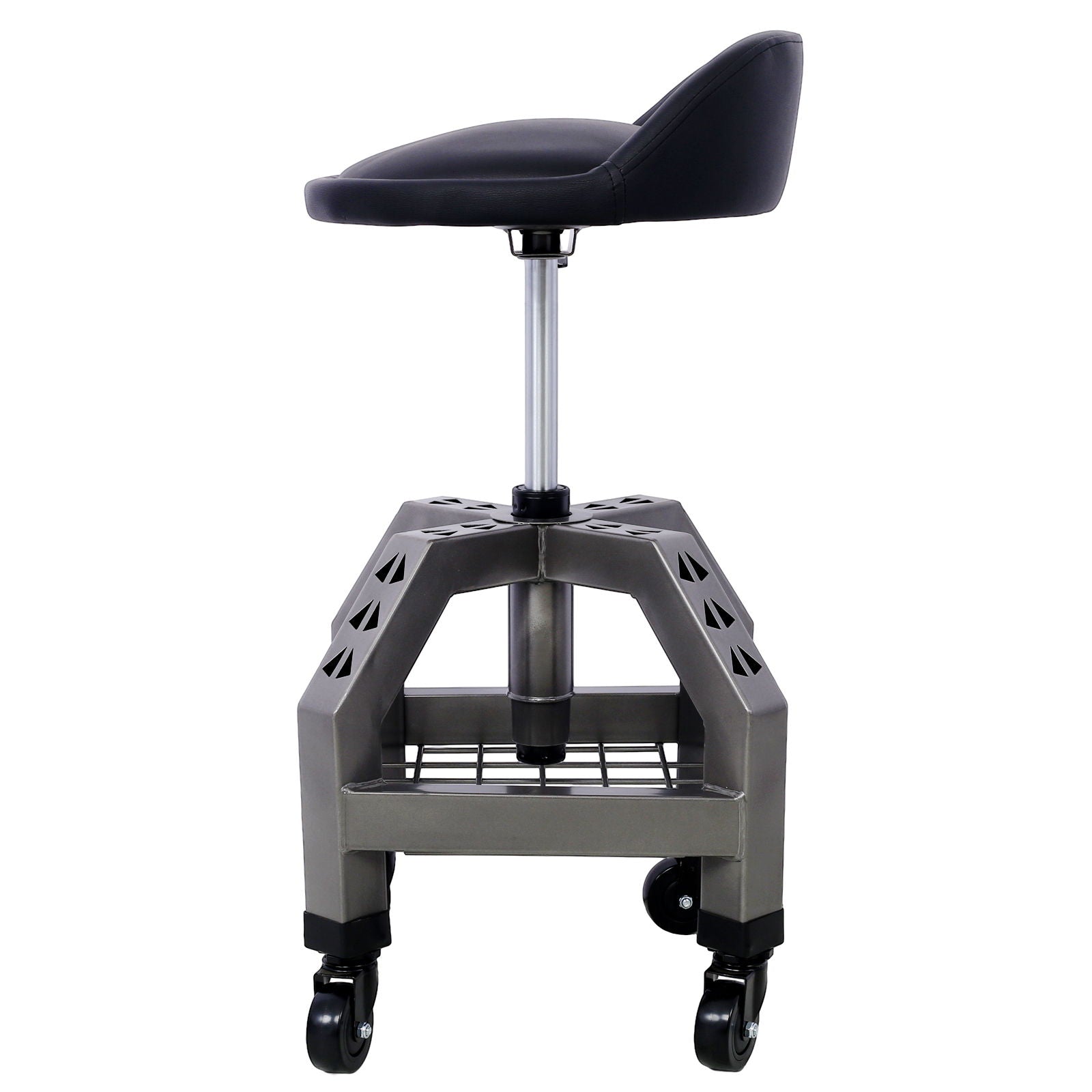 The Pneumatic 360 Degree Swivel Stool is a black, backless rolling seat with a padded cushion, metal frame, grid shelf, and four caster wheels–shown from the side against a white background.