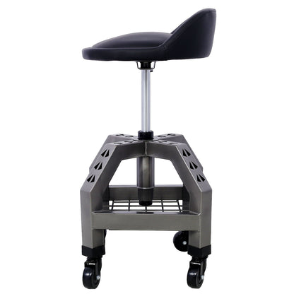 The Pneumatic 360 Degree Swivel Stool is a black, backless rolling seat with a padded cushion, metal frame, grid shelf, and four caster wheels–shown from the side against a white background.
