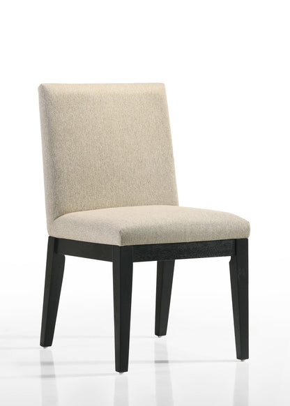 The Jasper - Contemporary Fabric 19" Dining Chair (Set of 2) features beige upholstery, a rectangular backrest and seat, and dark wooden legs, shown against a plain white background.