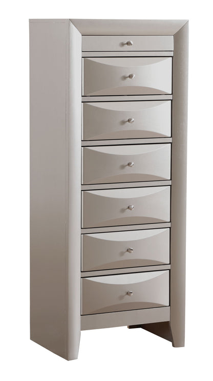 The Marilla 7 Drawer Lingerie Chest is a tall, narrow gray dresser with seven curved-front drawers, each with a small round knob, and stands on short legs.