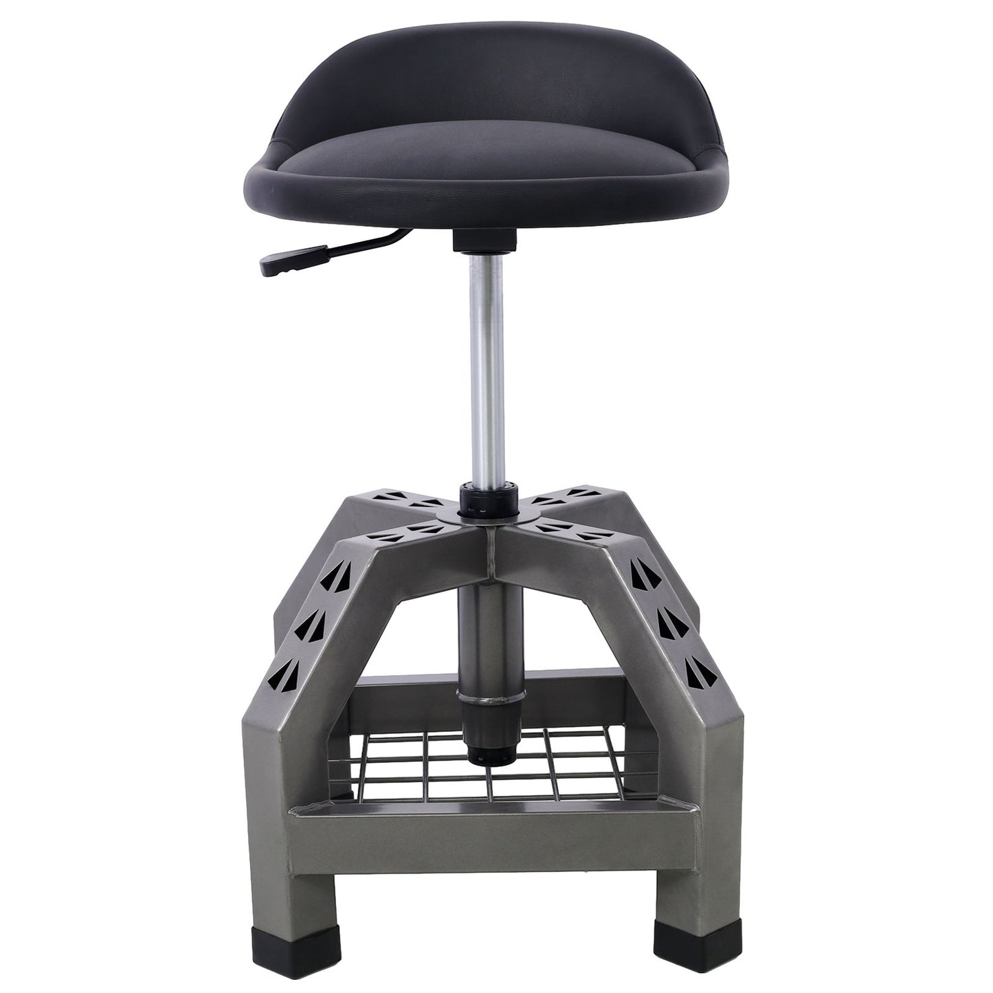 The Pneumatic 360 Degree Swivel Stool is a heavy-duty mechanics rolling creeper seat with a black padded seat, adjustable height, curved backrest, metal hydraulic cylinder, and a sturdy geometric base with grid platform and casters.