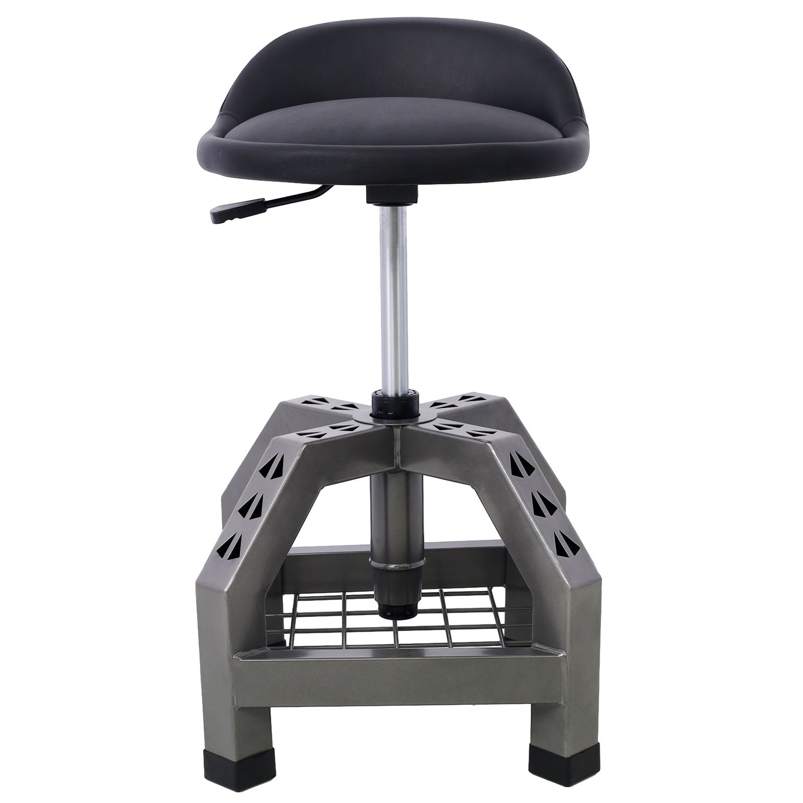 The Pneumatic 360 Degree Swivel Stool is a heavy-duty mechanics rolling creeper seat with a black padded seat, adjustable height, curved backrest, metal hydraulic cylinder, and a sturdy geometric base with grid platform and casters.