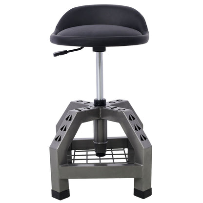 The Pneumatic 360 Degree Swivel Stool is a heavy-duty mechanics rolling creeper seat with a black padded seat, adjustable height, curved backrest, metal hydraulic cylinder, and a sturdy geometric base with grid platform and casters.