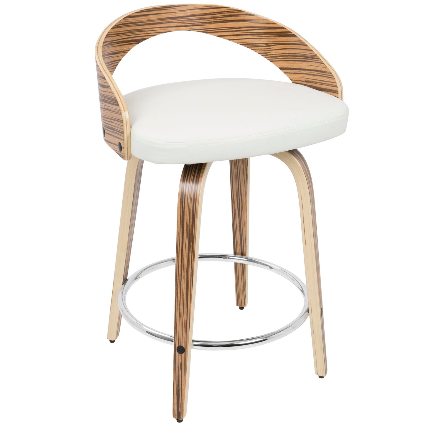 The Grotto Contemporary Fixed Height Counter Stool (Set of 2) features a curved wooden backrest, white cushioned seat, four wooden legs, and a round chrome footrest for modern style and comfort.