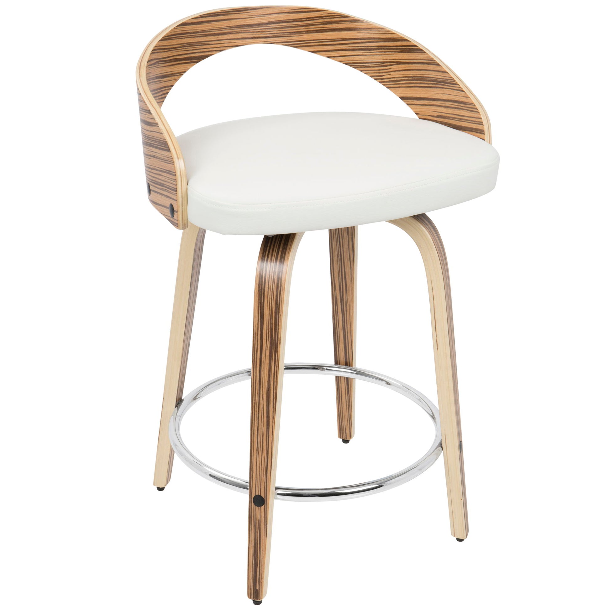 The Grotto Contemporary Fixed Height Counter Stool (Set of 2) features a curved wooden backrest, white cushioned seat, four wooden legs, and a round chrome footrest for modern style and comfort.
