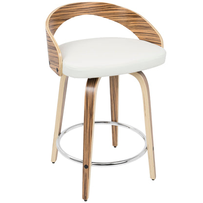 The Grotto Contemporary Fixed Height Counter Stool (Set of 2) features a curved wooden backrest, white cushioned seat, four wooden legs, and a round chrome footrest for modern style and comfort.