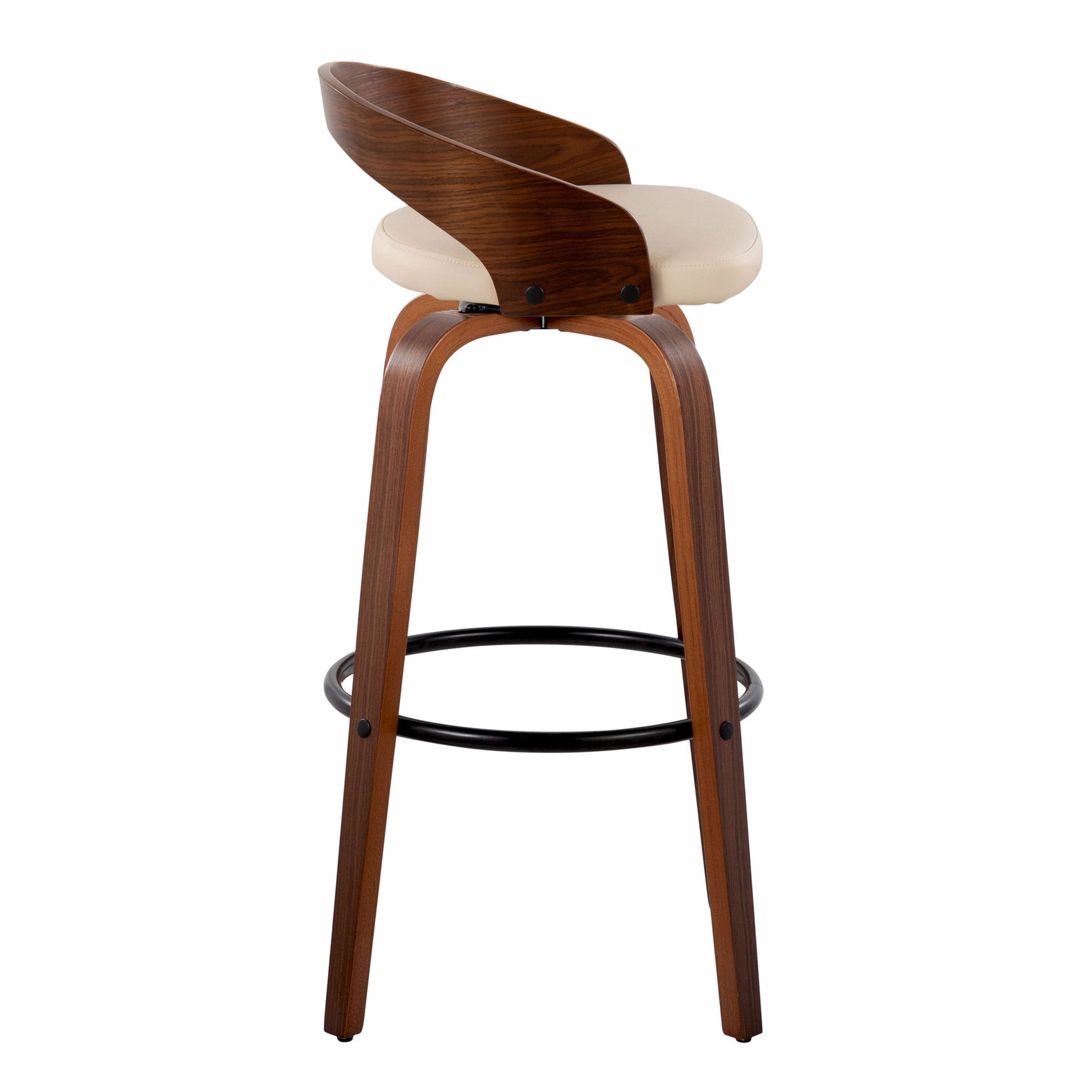 The Grotto Mid Century Modern Fixed Height Barstool & Swivel (Set of 2) features a curved wood backrest, light beige cushioned seat, bent wood legs, and a round black metal footrest, shown against a white background.