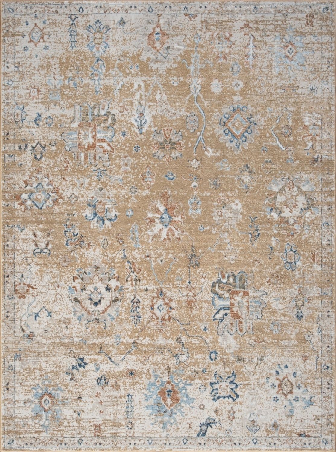 The Noble - GC_GEN7008 Area Rug features a vintage-style distressed pattern in beige, blue, and rust with abstract and floral motifs spread across its surface.