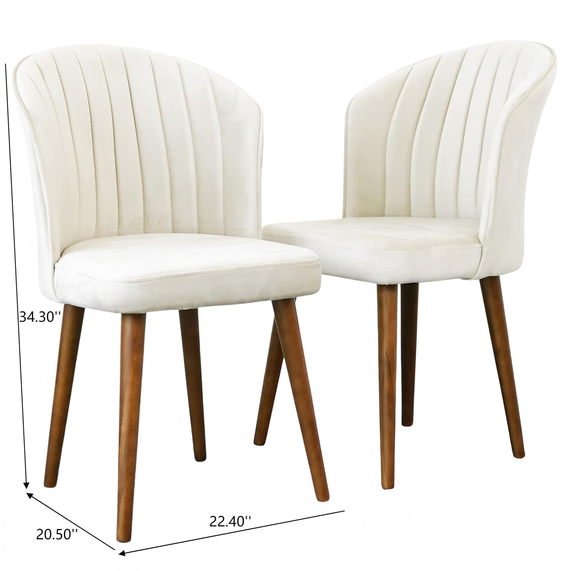The Parsons Comfortable Dining Chair (Set of 2) includes cream-colored chairs with upholstered seats, vertical-stitched backrests, wooden legs, and dimensions of 34.3"H x 22.4"D x 20.5"W.