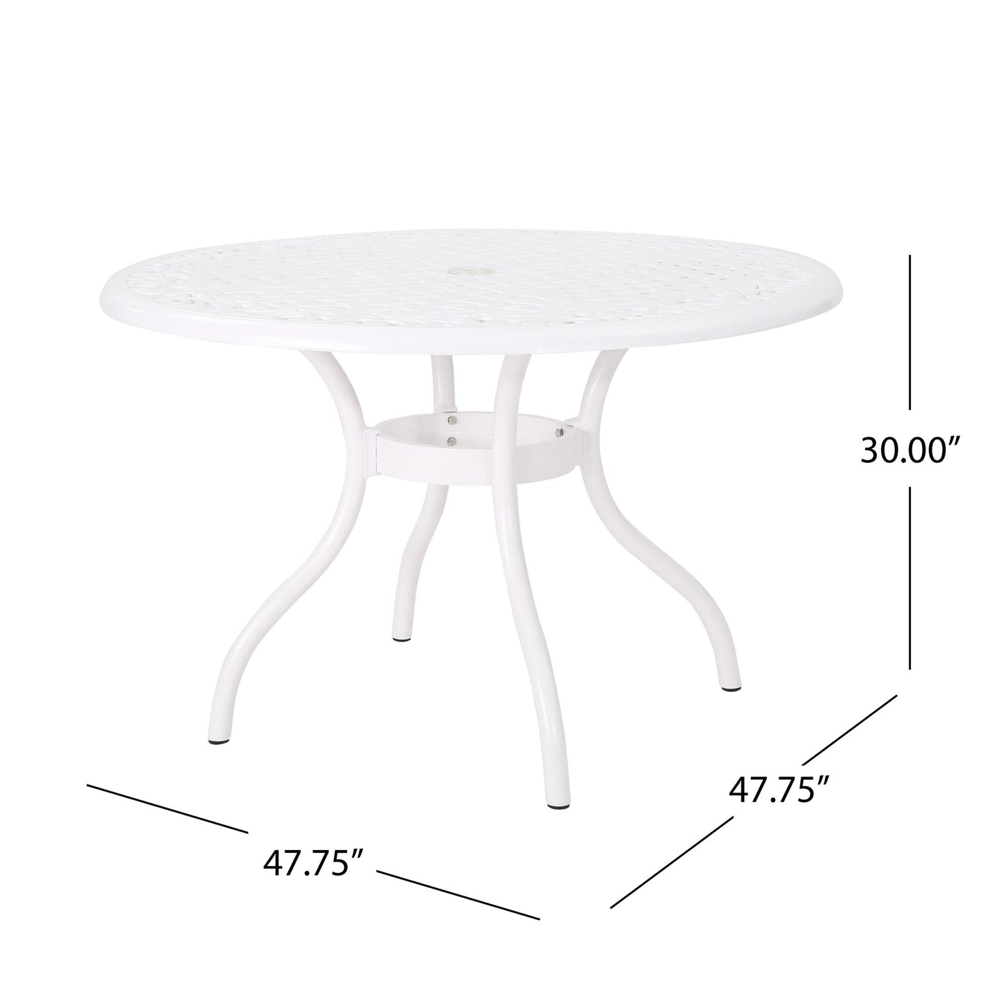 The Tranquilius Outdoor Round Dining Table features a white metal lattice-patterned top, four curved legs, an umbrella hole, and measures 47.75" in diameter by 30" high.