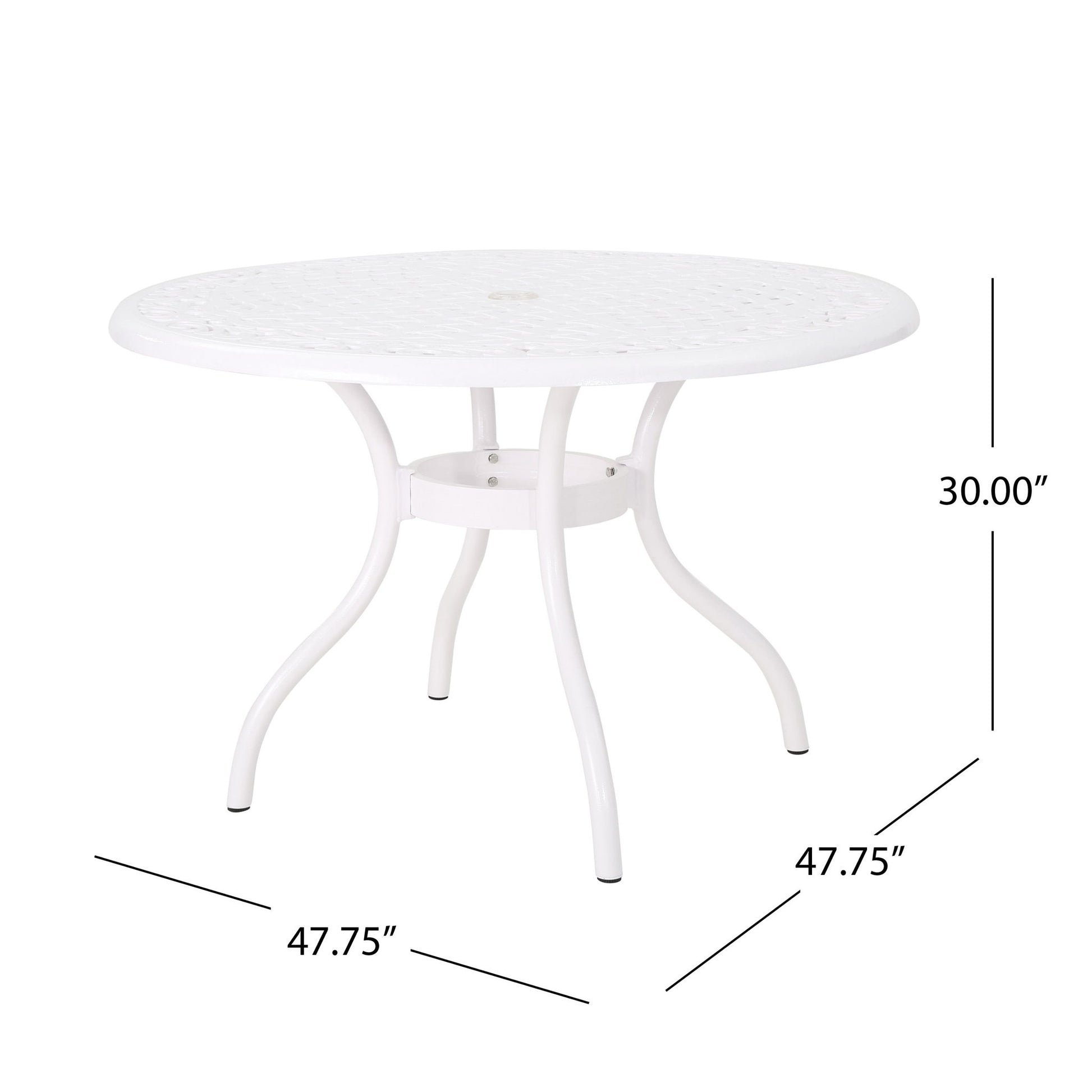 The Tranquilius Outdoor Round Dining Table features a white metal lattice-patterned top, four curved legs, an umbrella hole, and measures 47.75" in diameter by 30" high.