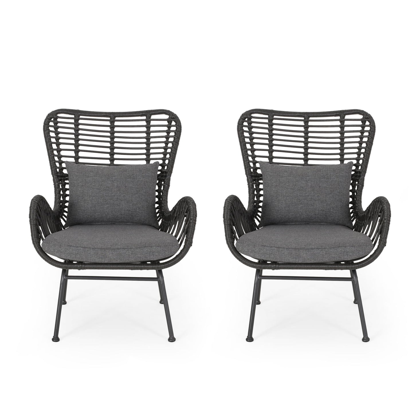 Two Modern Aesthetic Outdoor Rattan Accent Chairs with high backs, armrests, dark gray cushions, and matching rectangular pillows are displayed side by side on a white background.