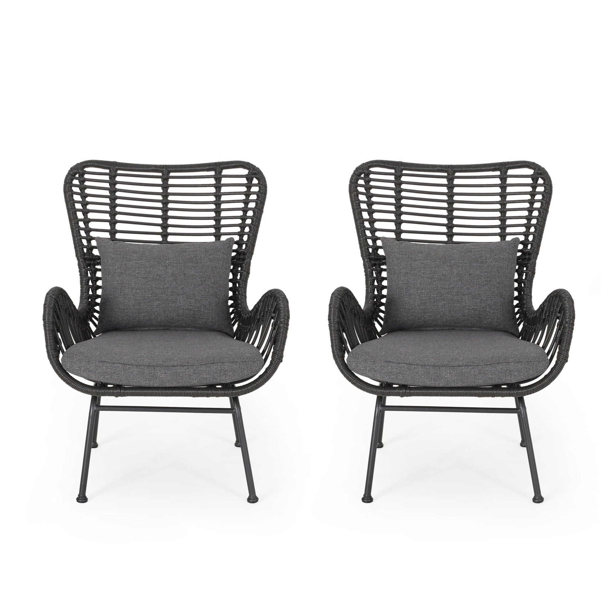 Two Modern Aesthetic Outdoor Rattan Accent Chairs with high backs, armrests, dark gray cushions, and matching rectangular pillows are displayed side by side on a white background.