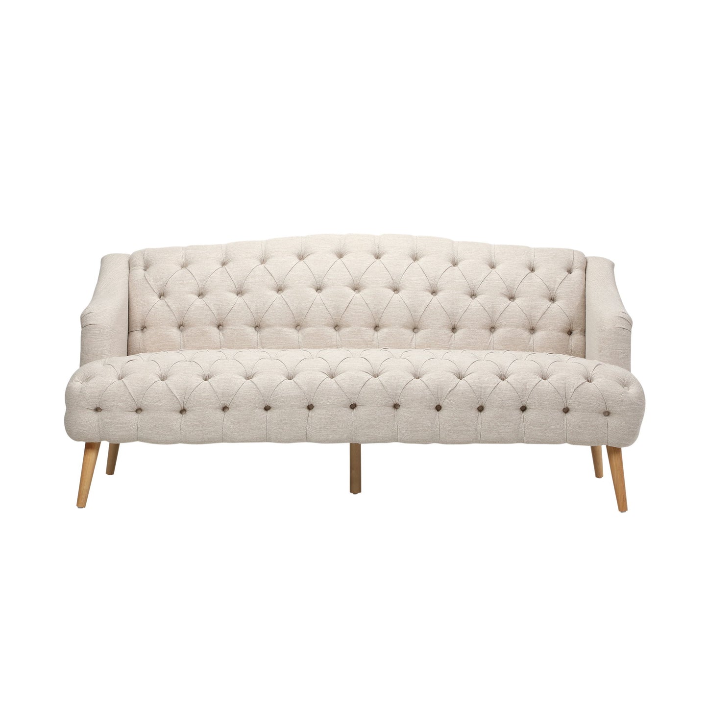 The Comfy 3 Seat Sofa with wooden legs, designed for living rooms and studies, features a beige tufted finish and curved armrests, set against a white background.