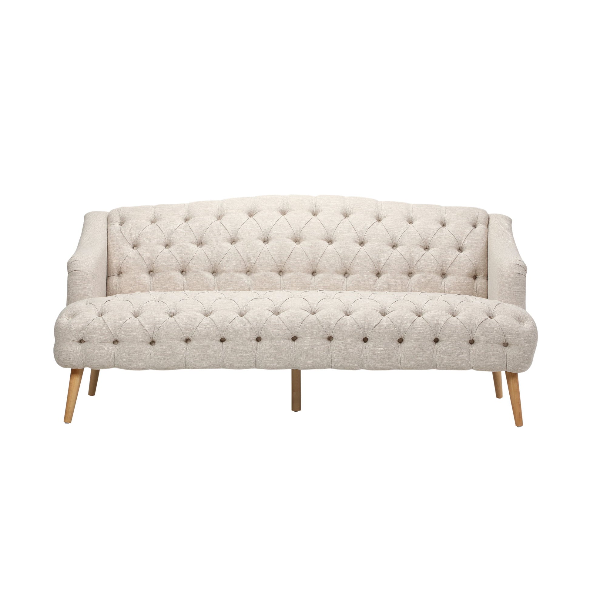The Comfy 3 Seat Sofa with wooden legs, designed for living rooms and studies, features a beige tufted finish and curved armrests, set against a white background.