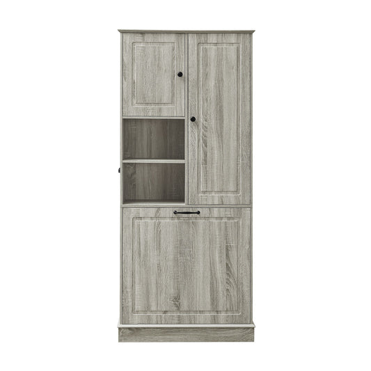 Modern Tall Storage Cabinet With Adjustable Shelves, Flip-Out Basket & Enclosed Doors
