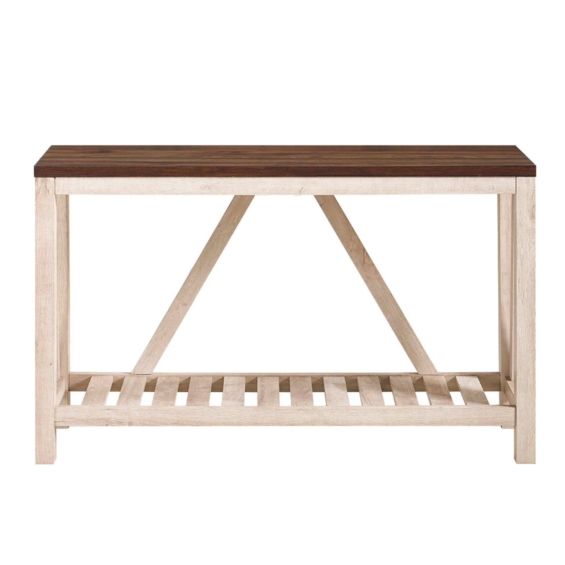 The Farmhouse A Frame Entry Table With Lower Shelf features a dark brown rectangular wooden top, a light wood frame, angled triangular support beams, and a slatted lower shelf.