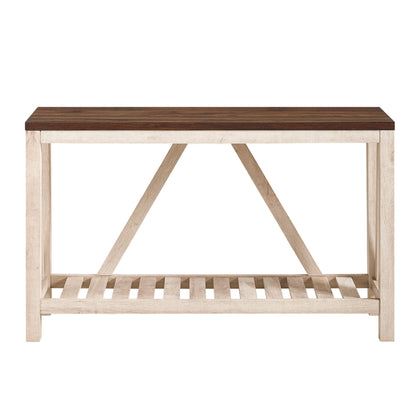 The Farmhouse A Frame Entry Table With Lower Shelf features a dark brown rectangular wooden top, a light wood frame, angled triangular support beams, and a slatted lower shelf.