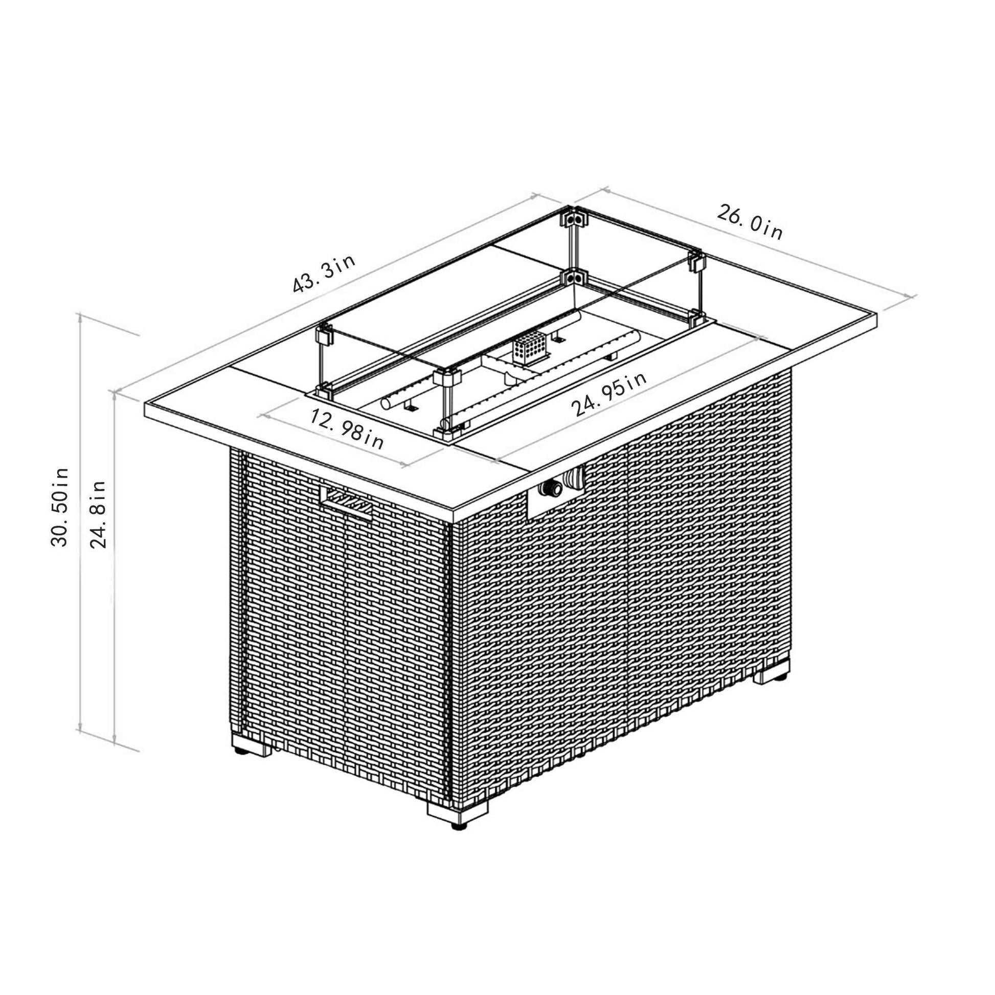 Black and white technical drawing of the 44" Outdoor Fire Pit Table, a propane fire table with ceramic tabletop in Espresso, showing labeled dimensions: 43.3" L x 26" W x 30.5" H, plus detailed top and inner section measurements.
