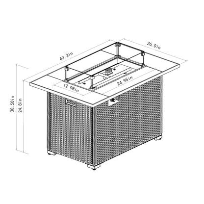 Black and white technical drawing of the 44" Outdoor Fire Pit Table, a propane fire table with ceramic tabletop in Espresso, showing labeled dimensions: 43.3" L x 26" W x 30.5" H, plus detailed top and inner section measurements.
