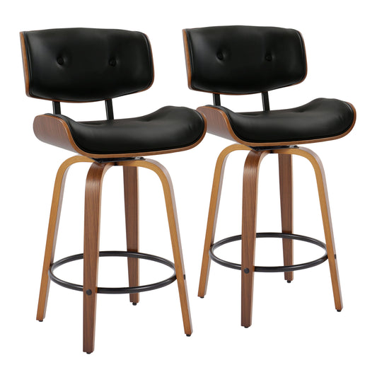 A set of two Lombardi stools featuring a modern bar design with black cushioned seats and backs, wooden frames, metal round footrests, and a swivel function, blending contemporary and mid-century styles.