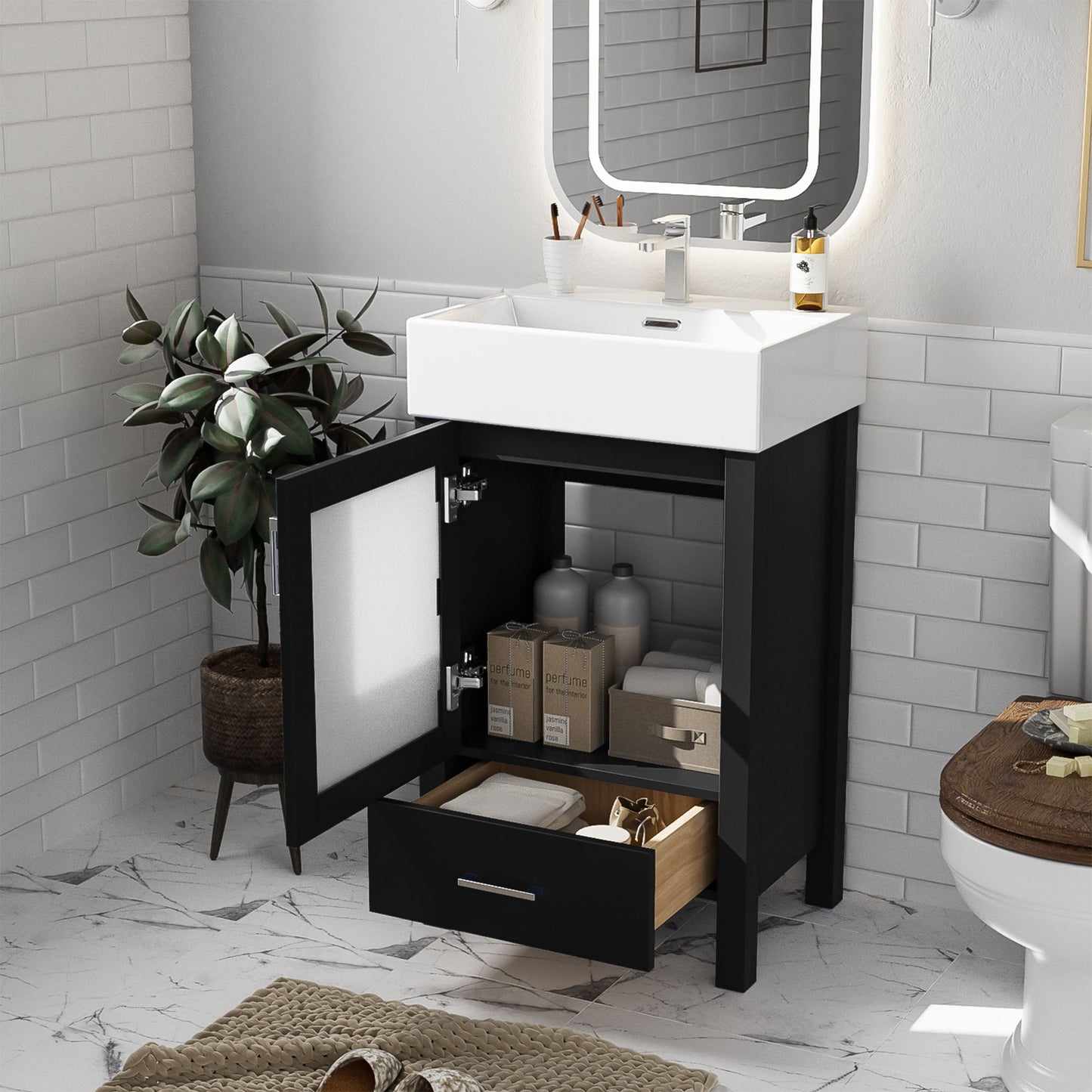 The Bathroom Vanity With Ceramic Sink And Ample Storage is ideal for small bathrooms, featuring an open cabinet and drawer for organized toiletries. Topped with a white ceramic sink and a rectangular mirror above, with nearby plants and a toilet visible.