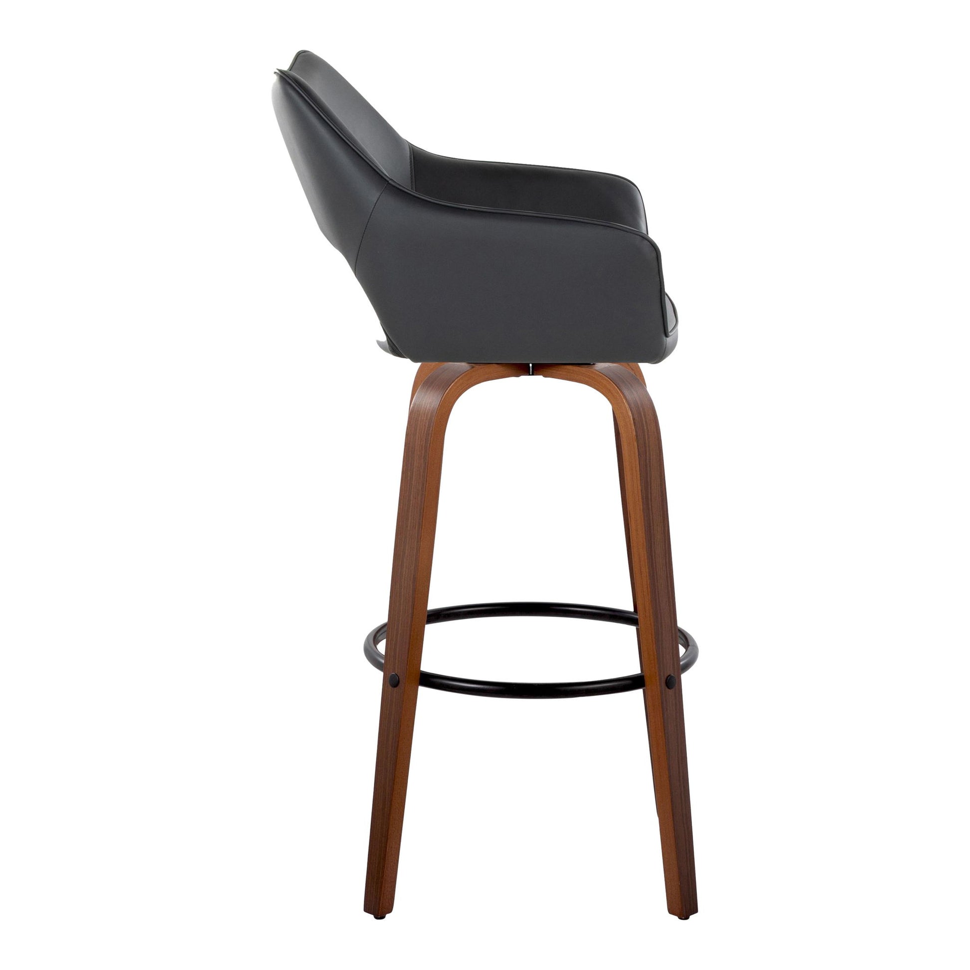 Side view of the Mustang - Contemporary Fixed Height Barstool with swivel, black cushioned seat and backrest, curved wooden legs, and a round black metal footrest (Set of 2).