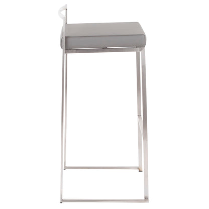 The Fuji Stackable Barstool features a contemporary, elegant design with a sleek metal frame, footrest, and rectangular light gray cushioned seat, shown from the front.