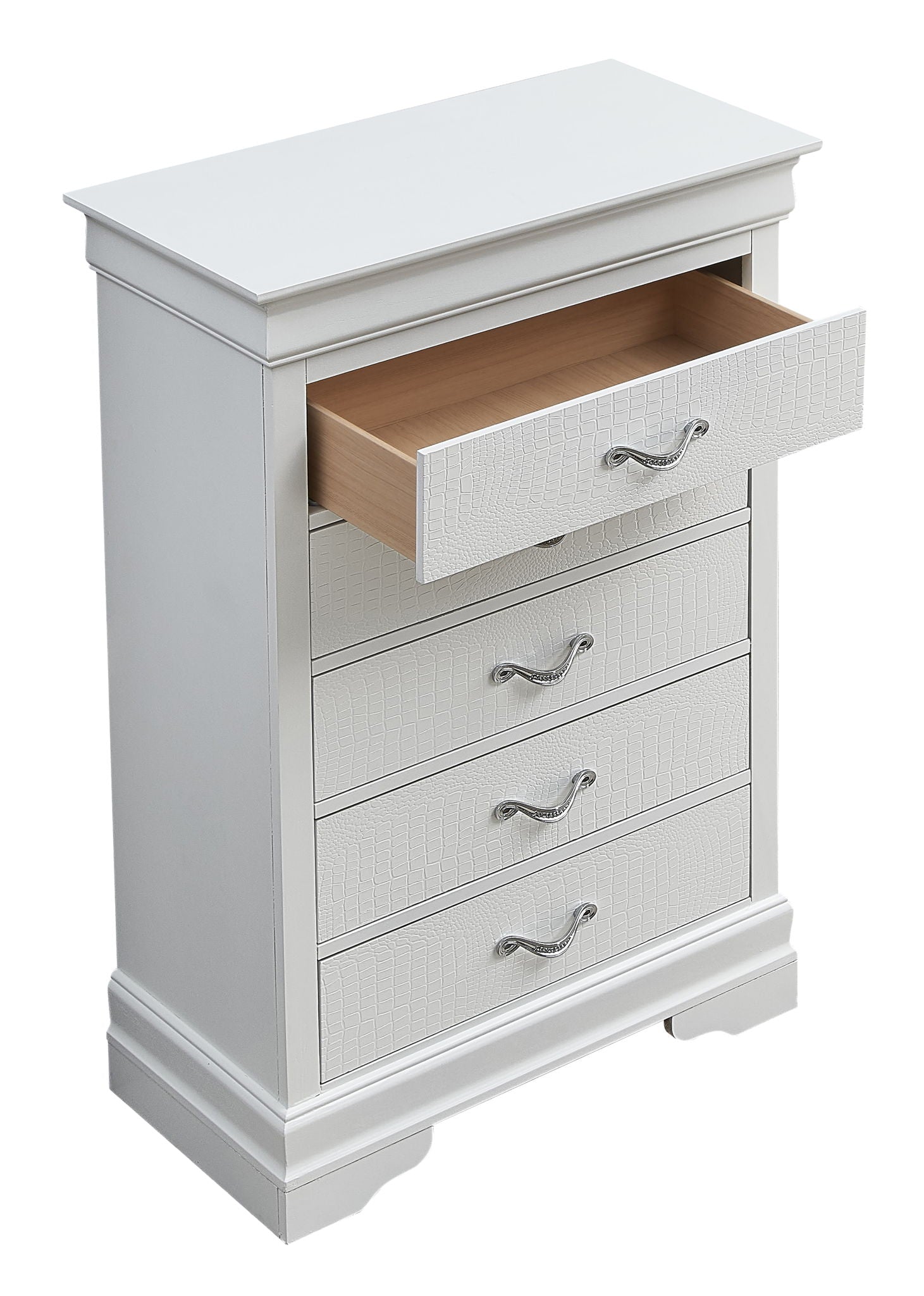 The Lorana Chest is a white wooden dresser with four drawers, featuring silver handles and a simple, classic design. The top drawer is open to reveal its wood interior.
