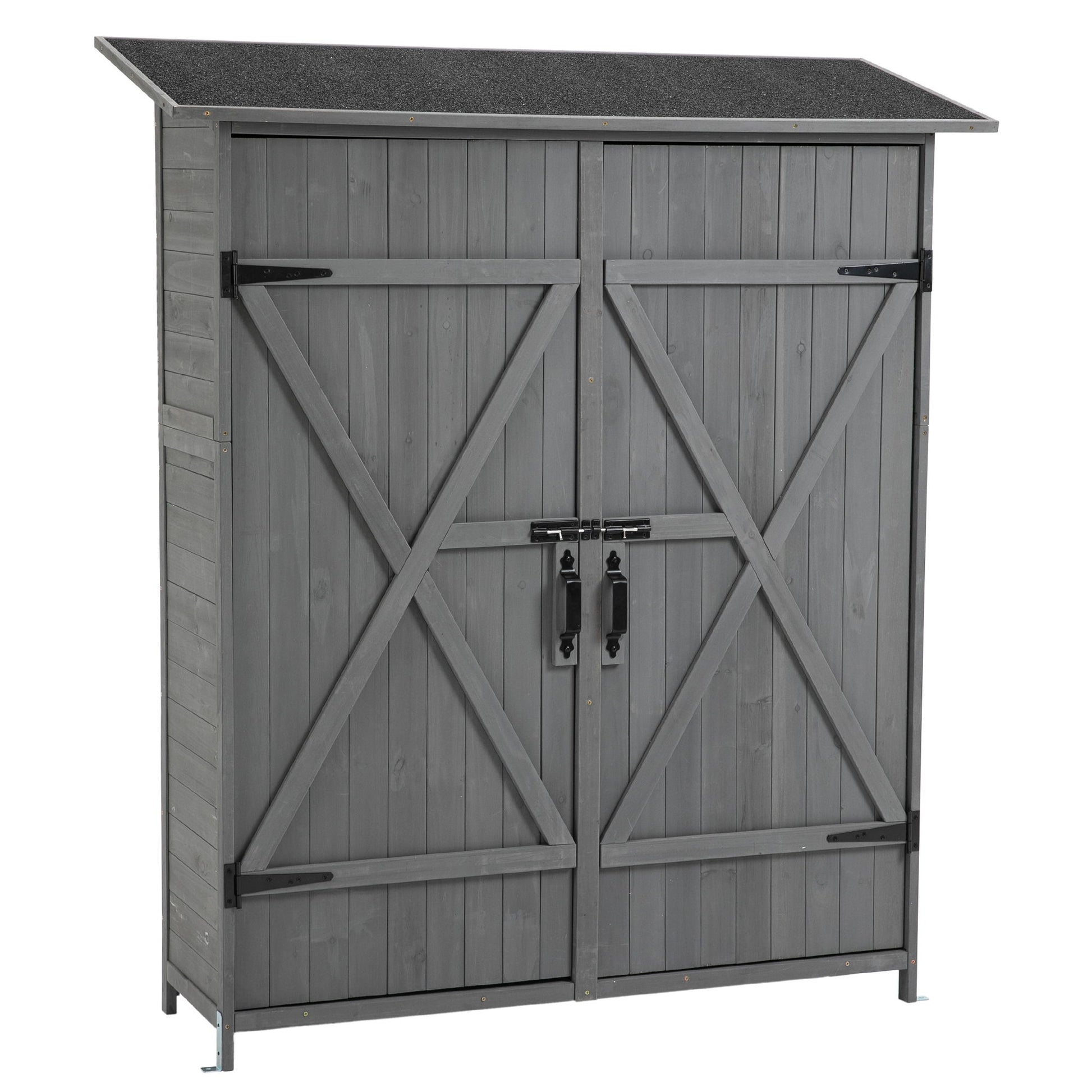 The Outdoor Storage Shed With Lockable Door is a gray wooden tool shed with detachable shelves, double doors featuring X-brace designs, black metal hinges, a pitch roof, and a padlock securing the handles.