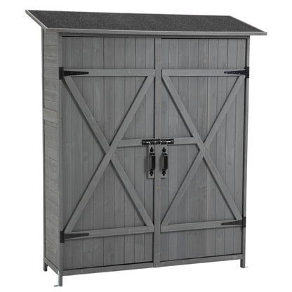 The Outdoor Storage Shed With Lockable Door is a gray wooden tool shed with detachable shelves, double doors featuring X-brace designs, black metal hinges, a pitch roof, and a padlock securing the handles.