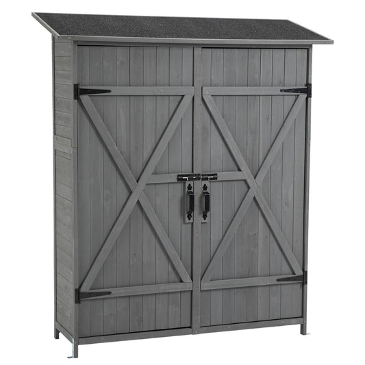 The Outdoor Storage Shed With Lockable Door is a gray wooden tool shed with detachable shelves, double doors featuring X-brace designs, black metal hinges, a pitch roof, and a padlock securing the handles.
