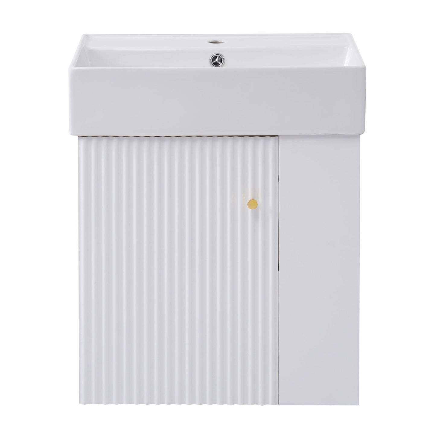 The Modern Floating Bathroom Vanity With Ceramic Basin features a rectangular white basin and a storage cabinet below, with a vertical grooved left door and smooth right door, each accented by a small round gold handle. Perfect for small bathrooms.