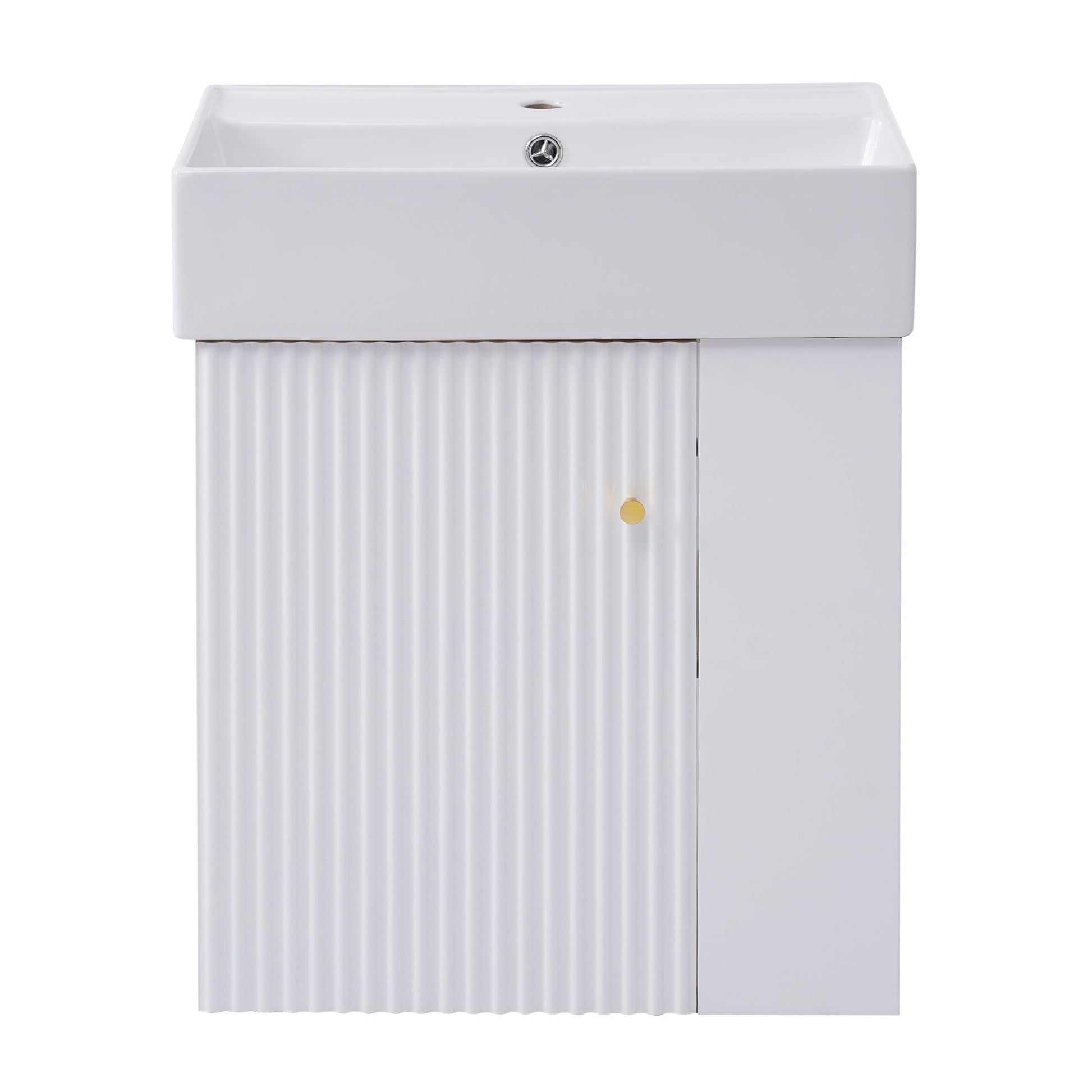 The Modern Floating Bathroom Vanity With Ceramic Basin features a rectangular white basin and a storage cabinet below, with a vertical grooved left door and smooth right door, each accented by a small round gold handle. Perfect for small bathrooms.