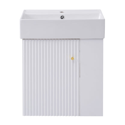 The Modern Floating Bathroom Vanity With Ceramic Basin features a rectangular white basin and a storage cabinet below, with a vertical grooved left door and smooth right door, each accented by a small round gold handle. Perfect for small bathrooms.
