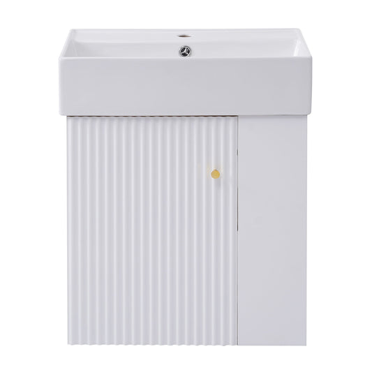 The Modern Floating Bathroom Vanity With Ceramic Basin features a rectangular white basin and a storage cabinet below, with a vertical grooved left door and smooth right door, each accented by a small round gold handle. Perfect for small bathrooms.
