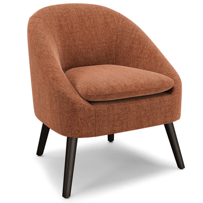 The Redding Upholstered Accent Chair features rust-colored fabric, a rounded backrest, black angled legs, a cushioned seat, and a sleek contemporary design.