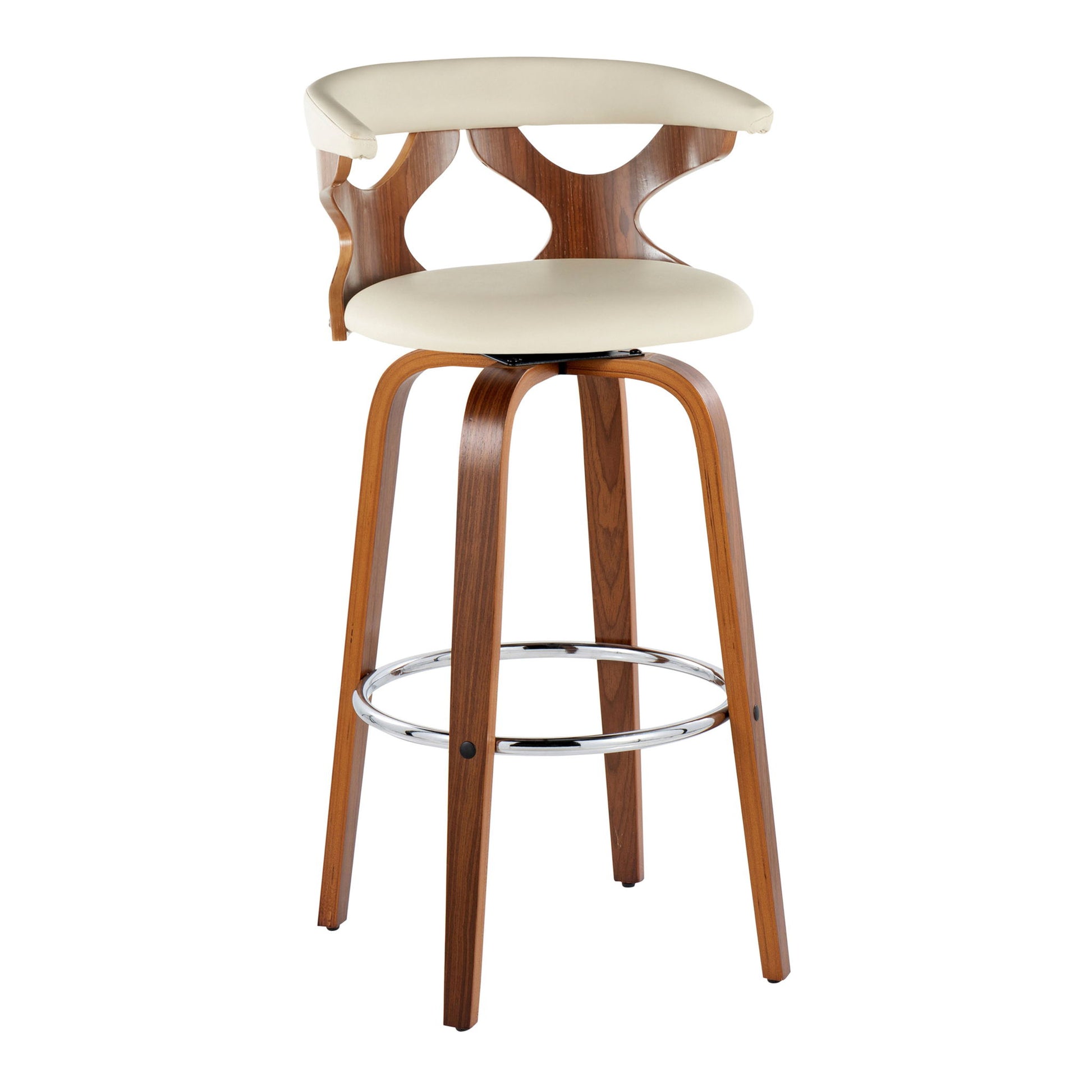 The Gardenia Mid Century Modern Barstool Set features curved wooden backrests with cut-out details, cream padded seats and backs, angled wooden legs, and round chrome footrests. Comes as a set of 2 with fixed height and swivel.
