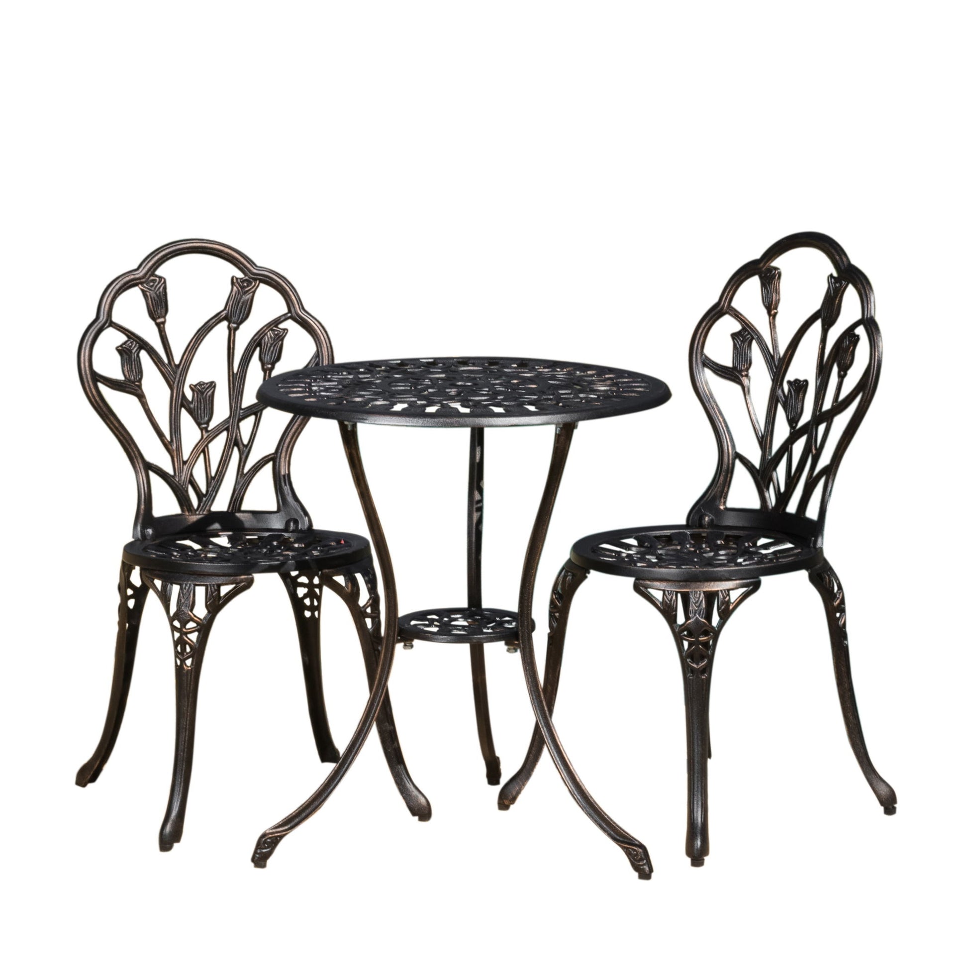 The Nassau - Cast 3 Piece Bistro Set features two ornate metal chairs with floral designs and a matching round table in a dark finish, shown together against a plain white background.