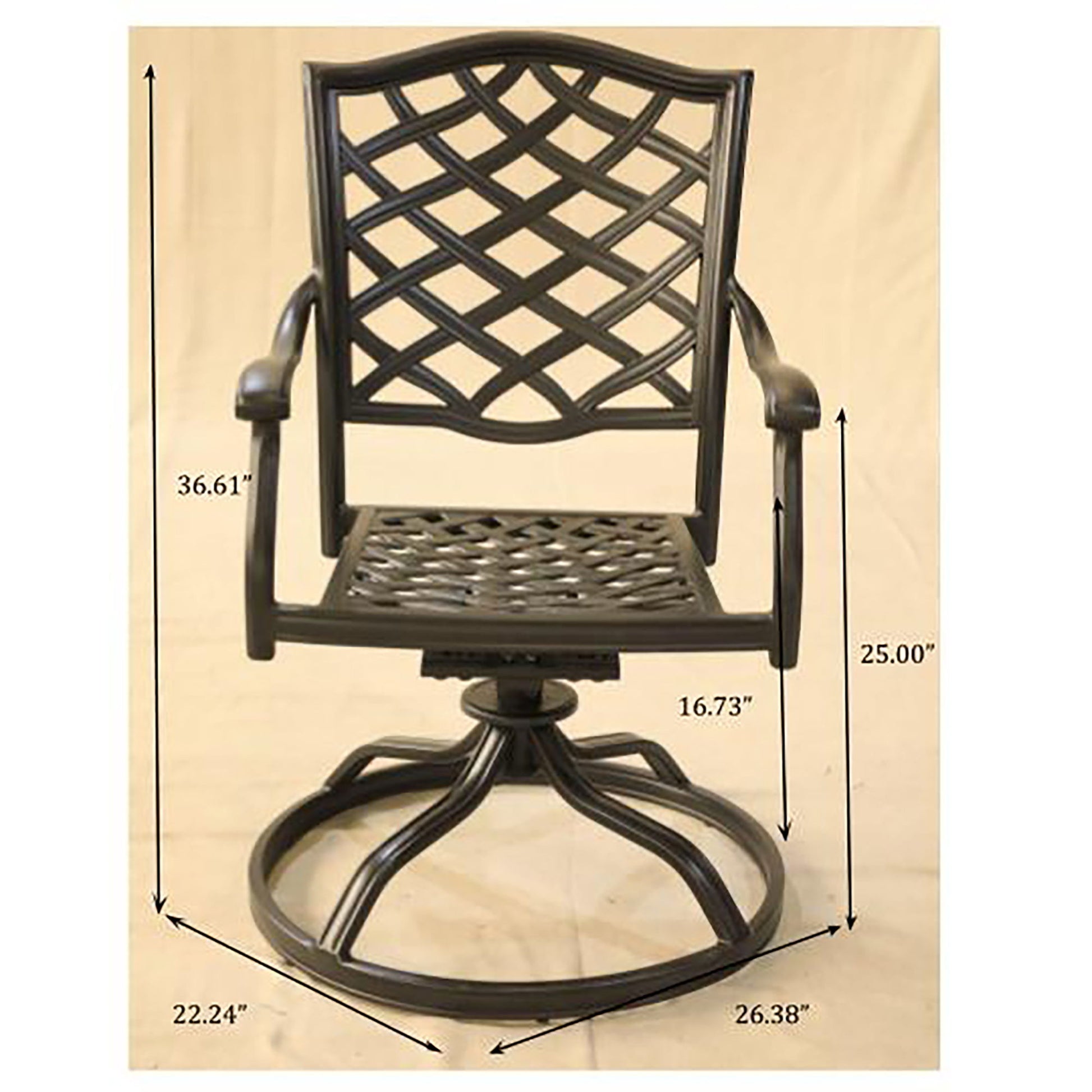 The Outdoor Patio Aluminum Swivel Rocker Dining Chair With Cushion (Set of 2) features a black metal frame, lattice back and seat, armrests, and a circular swivel base. Dimensions: 36.61"H, 25" seat height, 16.73" seat depth, 22.24"W, 26.38" base diameter.